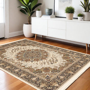 Homeroots 5' Ivory Medallion Area Rug With Fringe - Stain Resistant, Stylish Design For Any Home Decor 4' X 5' Polypropylene 574566
