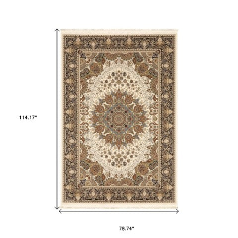 Homeroots 5' Ivory Medallion Area Rug With Fringe - Stain Resistant, Stylish Design For Any Home Decor 7' X 10' Polypropylene 574567