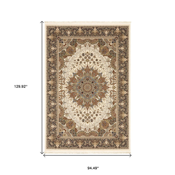 HomeRoots 5' Elegant Ivory Medallion Area Rug with Fringe – Durable, Stain-Resistant, Perfect for Any Room 8' X 11' 574568
