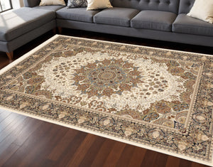 HomeRoots 5' Elegant Ivory Medallion Area Rug with Fringe – Durable, Stain-Resistant, Perfect for Any Room 8' X 11' 574568