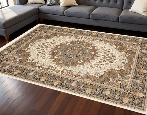 HomeRoots 5' Elegant Ivory Medallion Area Rug with Fringe – Durable, Stain-Resistant, Perfect for Any Room 8' X 11' 574568
