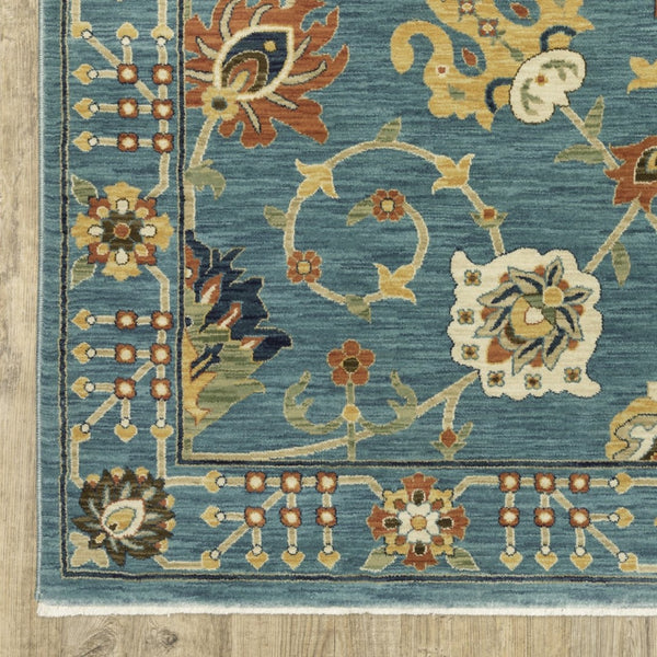HomeRoots 5' Timeless Blue Yellow Ivory Oriental Area Rug - Durable, Elegant Design with Stylish Fringe Finish 5' X 8' 574569