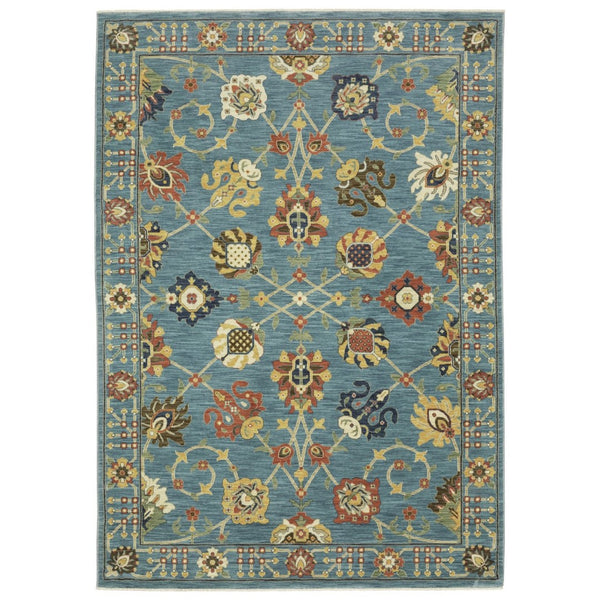 HomeRoots 5' Timeless Blue Yellow Ivory Oriental Area Rug - Durable, Elegant Design with Stylish Fringe Finish 10' X 13' 574570
