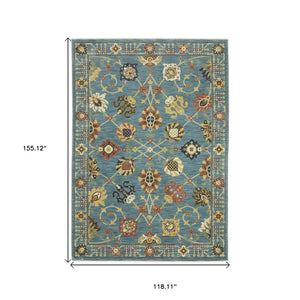 HomeRoots 5' Timeless Blue Yellow Ivory Oriental Area Rug - Durable, Elegant Design with Stylish Fringe Finish 10' X 13' 574570
