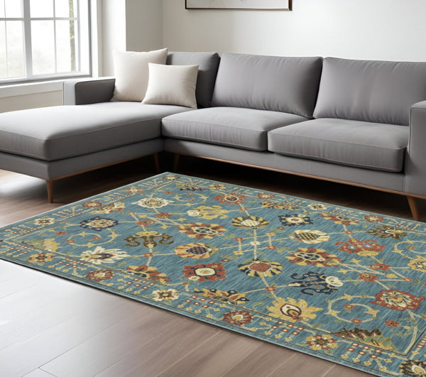 HomeRoots 5' Timeless Blue Yellow Ivory Oriental Area Rug - Durable, Elegant Design with Stylish Fringe Finish 7' X 10' 574571