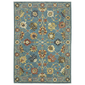 HomeRoots 5' Timeless Blue Yellow Ivory Oriental Area Rug - Durable, Elegant Design with Stylish Fringe Finish 7' X 10' 574571