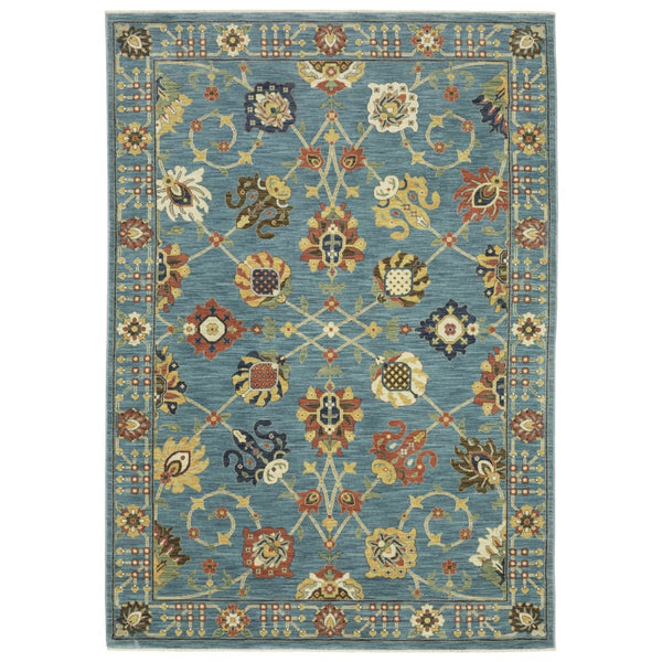 HomeRoots 5' Timeless Blue Yellow Ivory Oriental Area Rug - Durable, Elegant Design with Stylish Fringe Finish 7' X 10' 574571