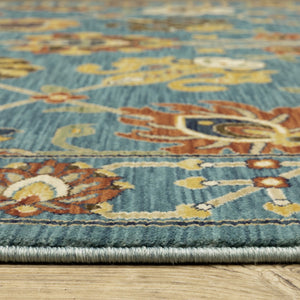 HomeRoots 5' Timeless Blue Yellow Ivory Oriental Area Rug - Durable, Elegant Design with Stylish Fringe Finish 7' X 10' 574571