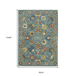 HomeRoots 5' Timeless Blue Yellow Ivory Oriental Area Rug - Durable, Elegant Design with Stylish Fringe Finish 7' X 10' 574571