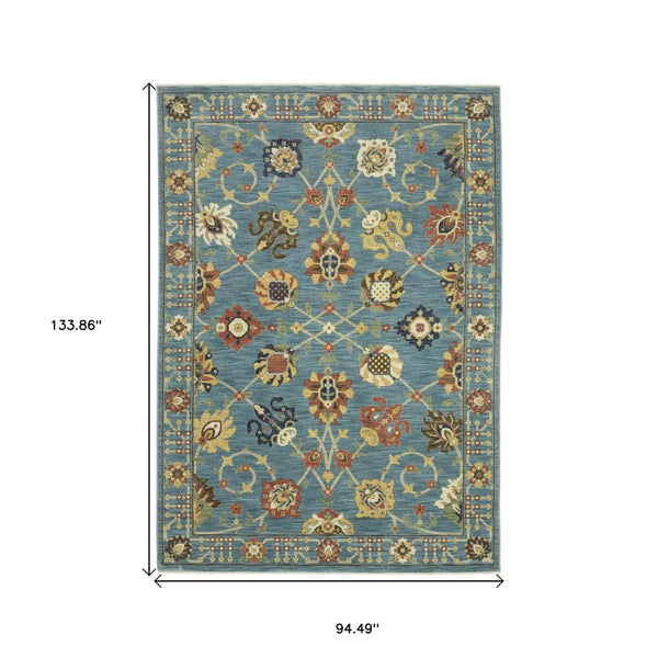 HomeRoots 5' Timeless Blue Yellow Ivory Oriental Area Rug - Durable, Elegant Design with Stylish Fringe Finish 8' X 11' 574572