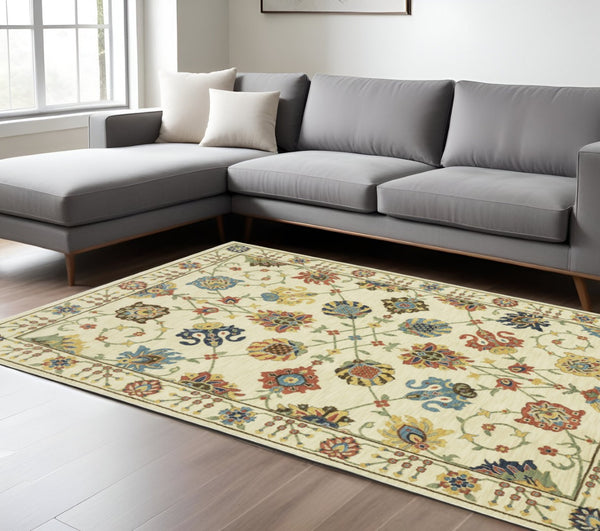 HomeRoots 5' Timeless Blue Yellow Ivory Oriental Area Rug - Durable, Elegant Design with Stylish Fringe Finish 10' X 13' 574573