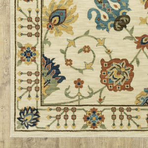HomeRoots 5' Timeless Blue Yellow Ivory Oriental Area Rug - Durable, Elegant Design with Stylish Fringe Finish 10' X 13' 574573
