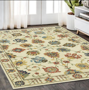 HomeRoots 5' Timeless Blue Yellow Ivory Oriental Area Rug - Durable, Elegant Design with Stylish Fringe Finish 5' X 8' 574574