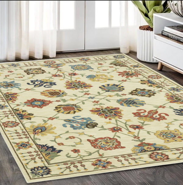 HomeRoots 5' Timeless Blue Yellow Ivory Oriental Area Rug - Durable, Elegant Design with Stylish Fringe Finish 5' X 8' 574574
