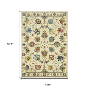 HomeRoots 5' Timeless Blue Yellow Ivory Oriental Area Rug - Durable, Elegant Design with Stylish Fringe Finish 5' X 8' 574574