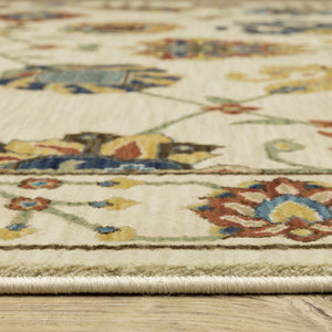 HomeRoots 5' Timeless Blue Yellow Ivory Oriental Area Rug - Durable, Elegant Design with Stylish Fringe Finish 7' X 10' 574575