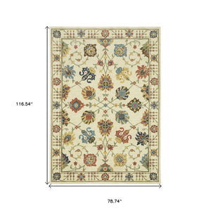 HomeRoots 5' Timeless Blue Yellow Ivory Oriental Area Rug - Durable, Elegant Design with Stylish Fringe Finish 7' X 10' 574575