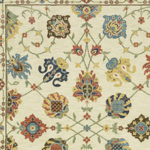 HomeRoots 5' Timeless Blue Yellow Ivory Oriental Area Rug - Durable, Elegant Design with Stylish Fringe Finish 8' X 11' 574576