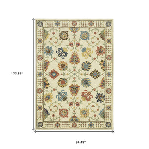 HomeRoots 5' Timeless Blue Yellow Ivory Oriental Area Rug - Durable, Elegant Design with Stylish Fringe Finish 8' X 11' 574576