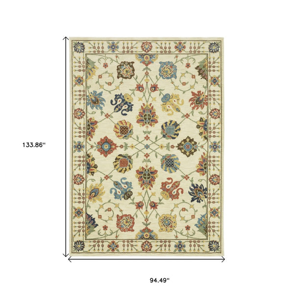 HomeRoots 5' Timeless Blue Yellow Ivory Oriental Area Rug - Durable, Elegant Design with Stylish Fringe Finish 8' X 11' 574576
