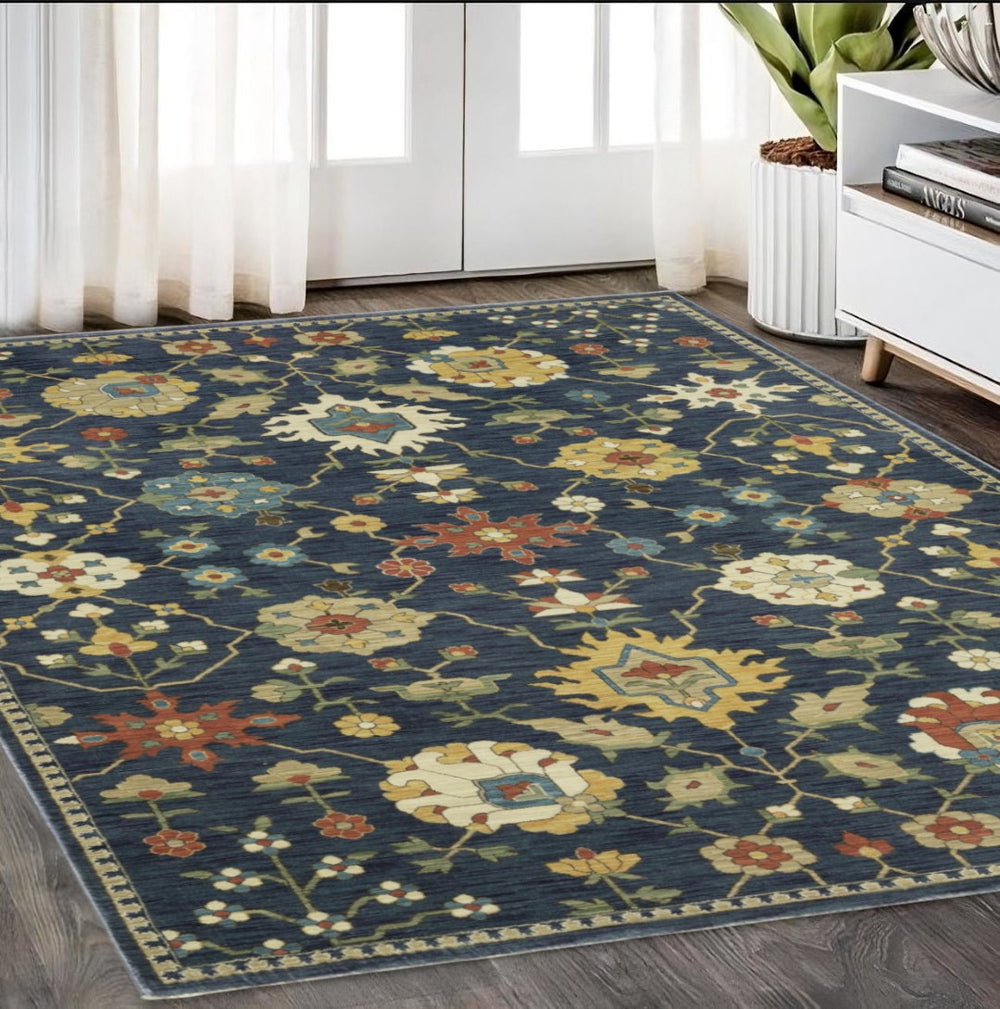 HomeRoots 5' Timeless Blue and Gold Oriental Area Rug with Fringe - Durable, Stain-Resistant Elegance for Any Room 5' X 8' 574577
