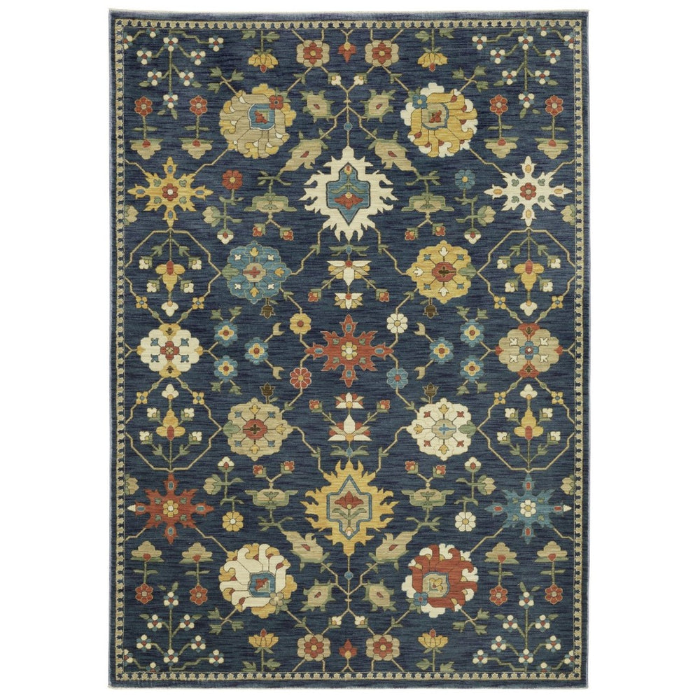 HomeRoots 5' Timeless Blue and Gold Oriental Area Rug with Fringe - Durable, Stain-Resistant Elegance for Any Room 5' X 8' 574577
