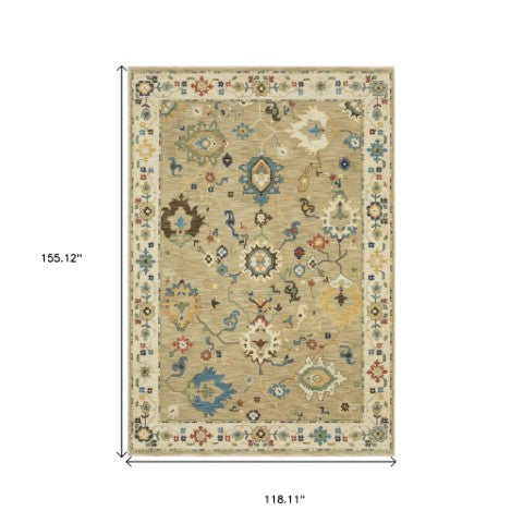 Homeroots 5' Elegant Beige And Light Blue Oriental Area Rug With Fringe - Stain Resistant For Any Decor 10' X 13' Polypropylene 574590