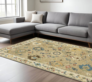 Homeroots 5' Elegant Beige And Light Blue Oriental Area Rug With Fringe - Stain Resistant For Any Decor 8' X 11' Polypropylene 574592