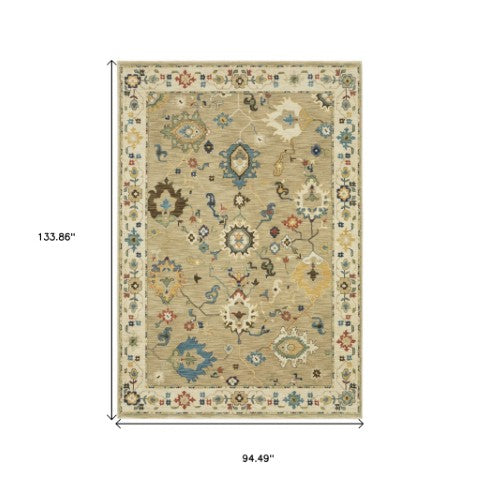 Homeroots 5' Elegant Beige And Light Blue Oriental Area Rug With Fringe - Stain Resistant For Any Decor 8' X 11' Polypropylene 574592