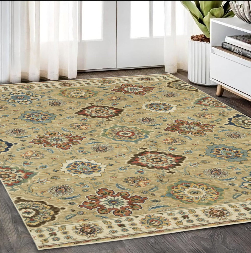 HomeRoots 5' Elegant Tan Ivory Brown Floral Area Rug - Durable, Stain-Resistant, Timeless Design with Fringe 5' X 8' 574593