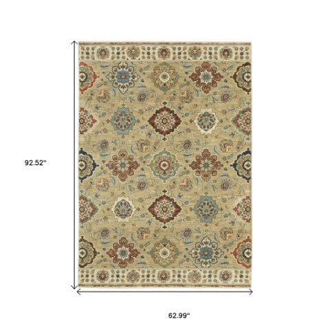 Homeroots 5' Elegant Tan Ivory Floral Area Rug With Fringe – Stain Resistant, Soft Texture For Any Decor 5' X 8' Polypropylene 574593