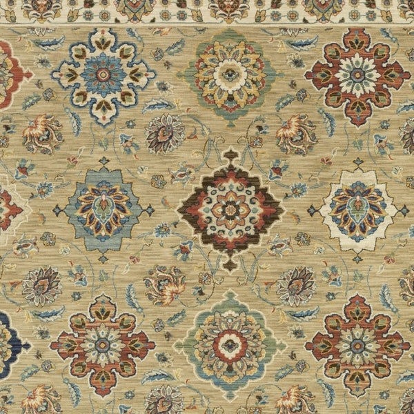 Homeroots 5' Elegant Tan Ivory Floral Area Rug With Fringe – Stain Resistant, Soft Texture For Any Decor 10' X 13' Polypropylene 574594