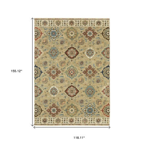 Homeroots 5' Elegant Tan Ivory Floral Area Rug With Fringe – Stain Resistant, Soft Texture For Any Decor 10' X 13' Polypropylene 574594