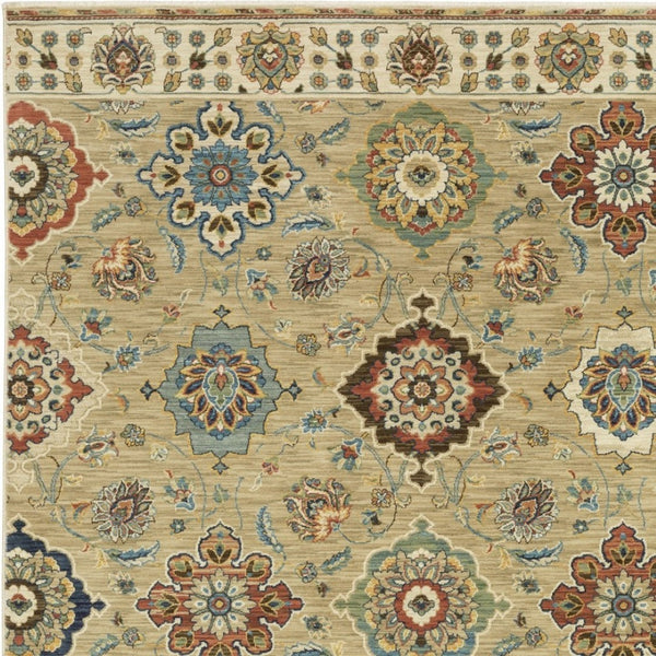 Homeroots 5' Elegant Tan Ivory Floral Area Rug With Fringe – Stain Resistant, Soft Texture For Any Decor 8' X 11' Polypropylene 574596