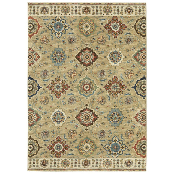HomeRoots 5' Elegant Tan Ivory Brown Floral Area Rug - Durable, Stain-Resistant, Timeless Design with Fringe 8' X 11' 574596