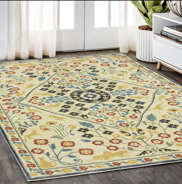 Homeroots 5' Ivory Oriental Area Rug With Fringe - Stylish, Stain-resistant Design For Cozy Home Decor 5' X 8' Polypropylene 574597