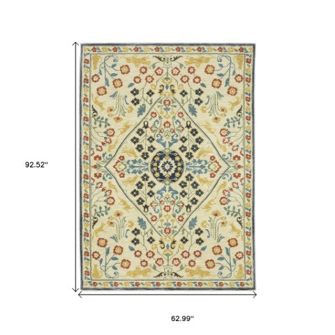 Homeroots 5' Ivory Oriental Area Rug With Fringe - Stylish, Stain-resistant Design For Cozy Home Decor 5' X 8' Polypropylene 574597