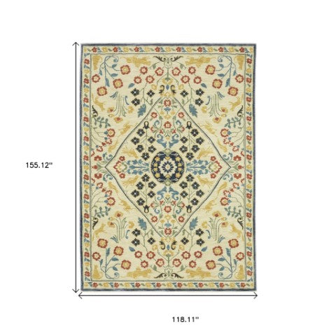 Homeroots 5' Ivory Oriental Area Rug With Fringe - Stylish, Stain-resistant Design For Cozy Home Decor 10' X 13' Polypropylene 574598