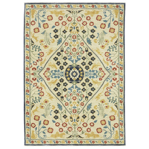 HomeRoots 5' Classic Ivory, Orange & Navy Blue Oriental Area Rug with Fringe - Durable, Stain-Resistant Design 7' X 10' 574599