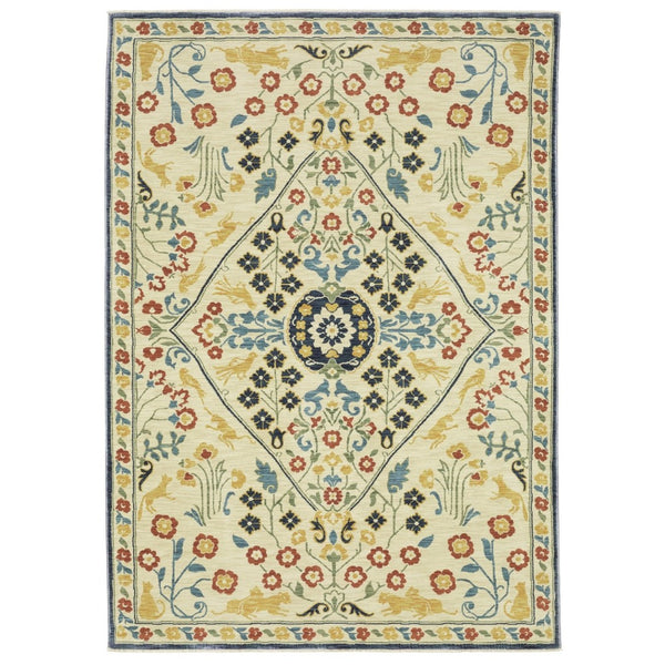 HomeRoots 5' Classic Ivory, Orange & Navy Blue Oriental Area Rug with Fringe - Durable, Stain-Resistant Design 7' X 10' 574599