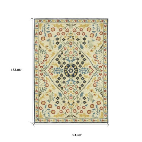 Homeroots 5' Ivory Oriental Area Rug With Fringe - Stylish, Stain-resistant Design For Cozy Home Decor 8' X 11' Polypropylene 574600