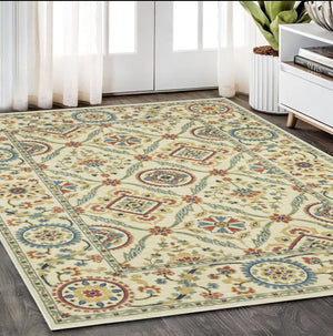 Homeroots 5' Inviting Ivory And Blue Orange Oriental Area Rug With Fringe - Stylish, Durable, And Versatile Decor 5' X 8' Polypropylene 574601