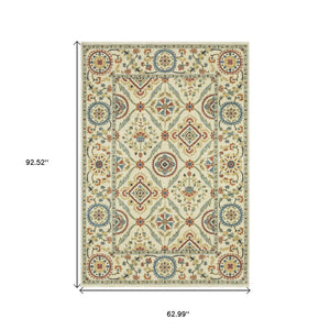 HomeRoots 5' Ivory Blue and Orange Oriental Area Rug with Classic Fringe - Durable, Stain Resistant Design 5' X 8' 574601