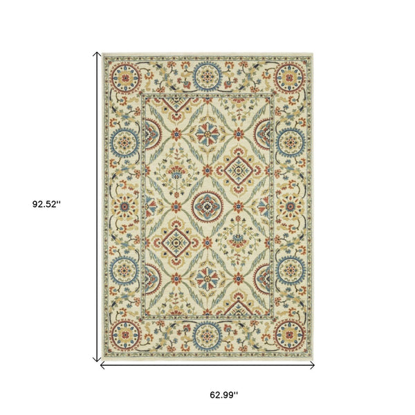 HomeRoots 5' Ivory Blue and Orange Oriental Area Rug with Classic Fringe - Durable, Stain Resistant Design 5' X 8' 574601