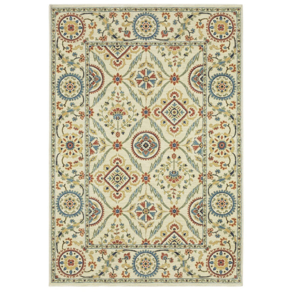 HomeRoots 5' Ivory Blue and Orange Oriental Area Rug with Classic Fringe - Durable, Stain Resistant Design 7' X 10' 574603