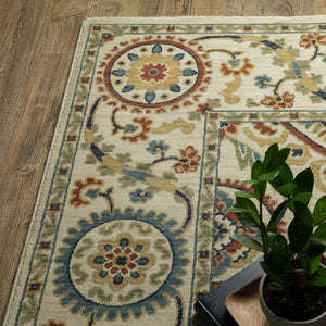 HomeRoots 5' Ivory Blue and Orange Oriental Area Rug with Classic Fringe - Durable, Stain Resistant Design 7' X 10' 574603