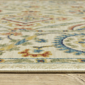 HomeRoots 5' Ivory Blue and Orange Oriental Area Rug with Classic Fringe - Durable, Stain Resistant Design 7' X 10' 574603