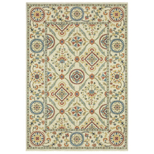 HomeRoots 5' Ivory Blue and Orange Oriental Area Rug with Classic Fringe - Durable, Stain Resistant Design 8' X 11' 574604
