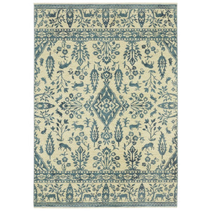 HomeRoots 5' Elegant Ivory and Blue Oriental Area Rug with Fringe - Stain Resistant, Ideal for Any Room 5' X 8' 574605