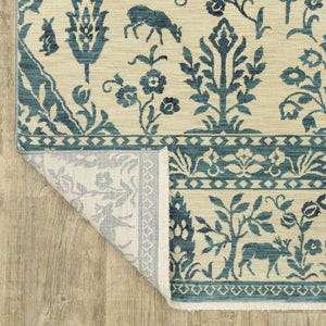 HomeRoots 5' Elegant Ivory and Blue Oriental Area Rug with Fringe - Stain Resistant, Ideal for Any Room 5' X 8' 574605